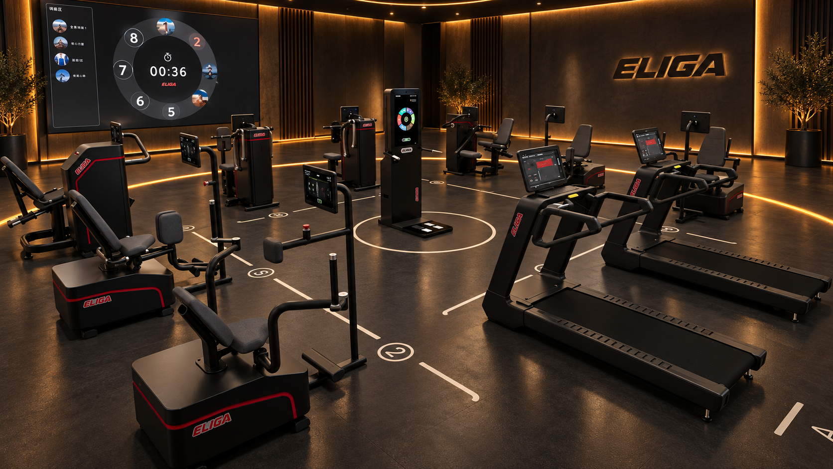 DFX Smart Gym cirkel met digitale krachtapparatuur en loopbanden in een donkere, warm verlichte showroom