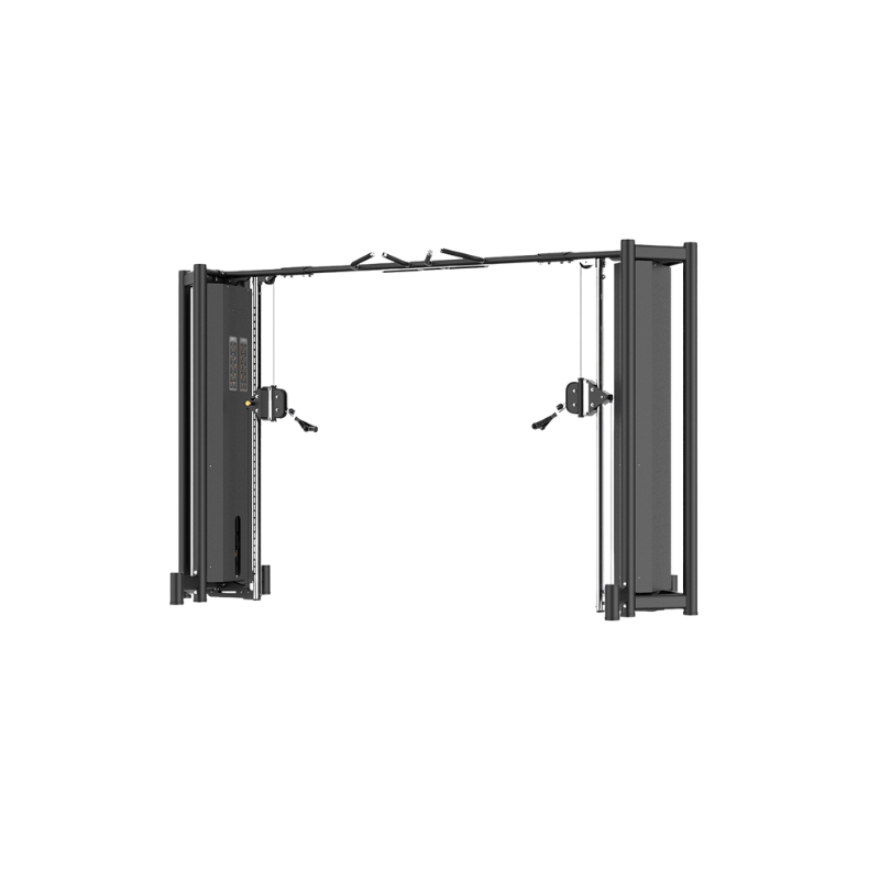 DFX Cable Crossover Pro schuin vooraanzicht: breed frame met de twee kolommen ver uit elkaar, doorlopende bovenbalk en verstelbare katrollen met handgrepen aan weerszijden